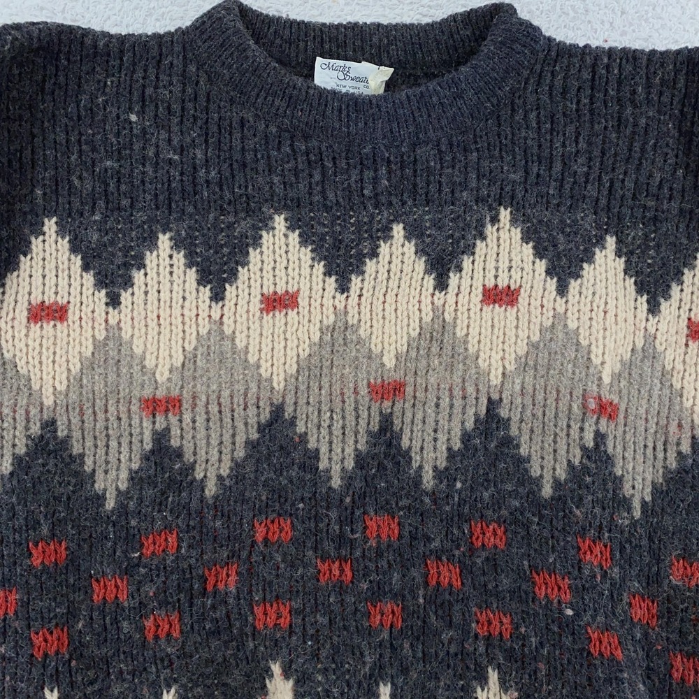 Vintage Marks Sweater Pullover Mens XS‎ Gray Cream Wool Blend Argyle USA 80s